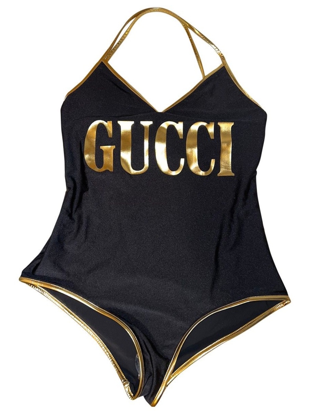 GUCCI rare Black One-Piece Swimsuit with Gold Trim